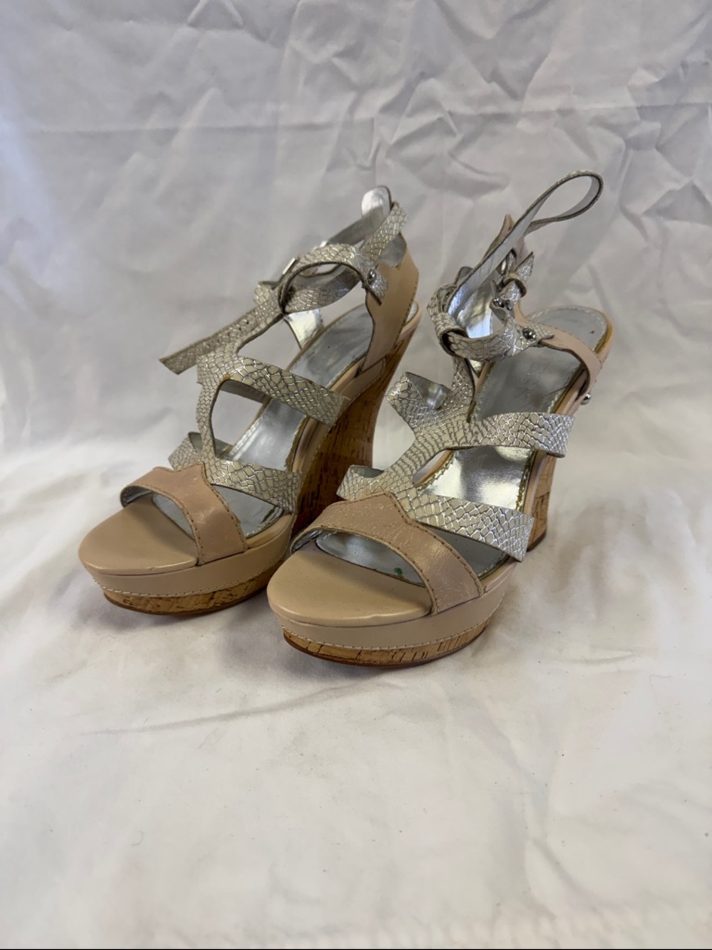 Guess Nude and Silver Wedge Platform Slingbacks